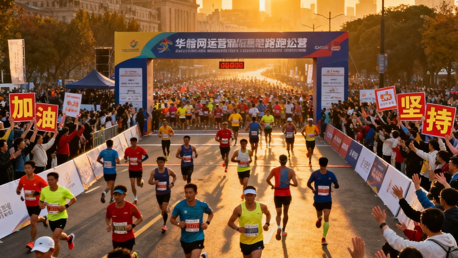 城市马拉松赛事起跑线场景，晨曦中数千名跑者身着彩色运动服冲出拱门，赛道两侧观众举着加油牌热情呐喊，远处城市地标建筑在金色阳光中矗立，展现华体会网运营的大型路跑赛事盛况