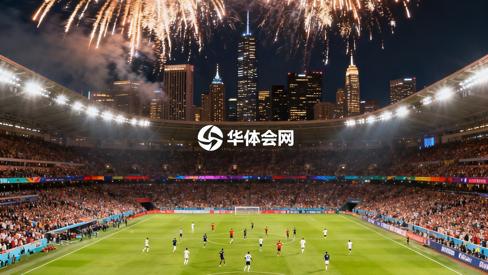 国际体育赛事现场全景照片，数万名观众在看台上挥舞旗帜，绿茵场中央球员正在激烈角逐，体育场上空烟花绽放，灯光璀璨照亮整座城市天际线，体现华体会网承办大型赛事的震撼场面