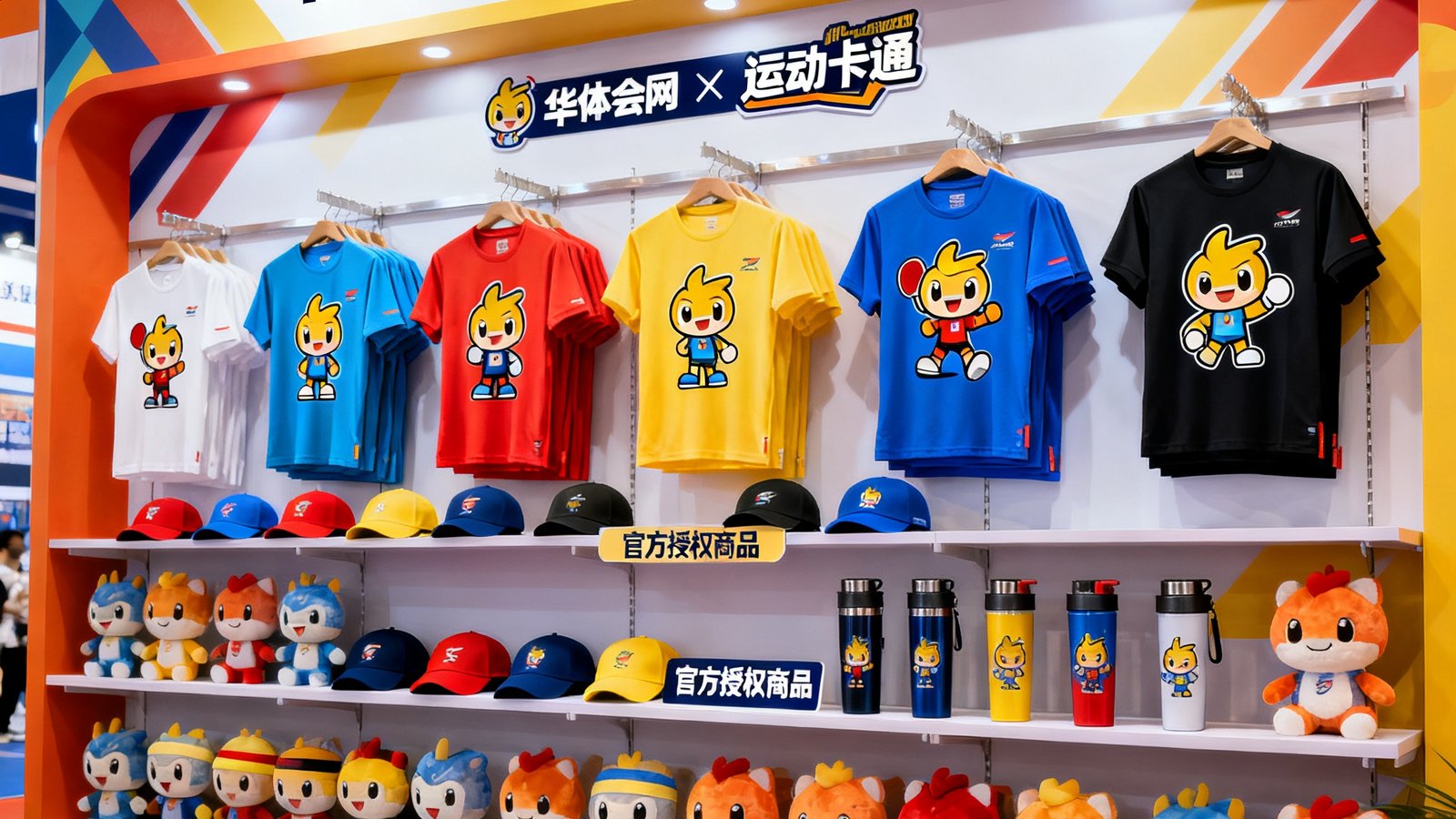 体育IP衍生品展示墙，货架上整齐排列着印有原创运动卡通形象的T恤、帽子、水杯和毛绒玩偶，背景是品牌联名活动的展位设计，色彩鲜明充满活力，展现华体会网体育IP开发的商业成果